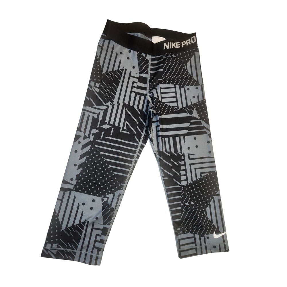Nike Pro Dri-FIT Womens Grey Black Geometric Abstract Print Crop Leggings Small
